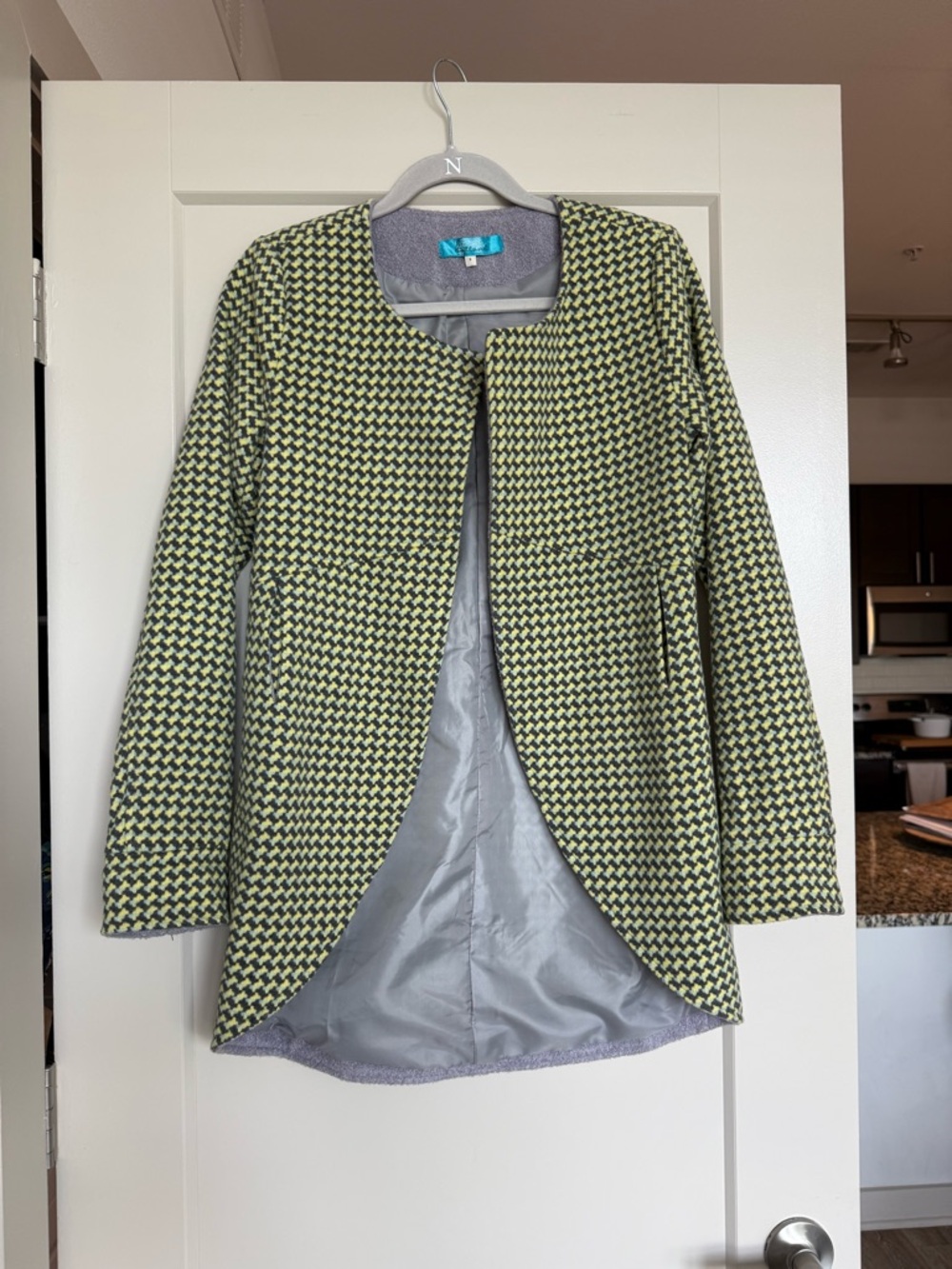 Francesca’s “Buttons” Women's Open Front Tweed Jacket in Lime/Black
